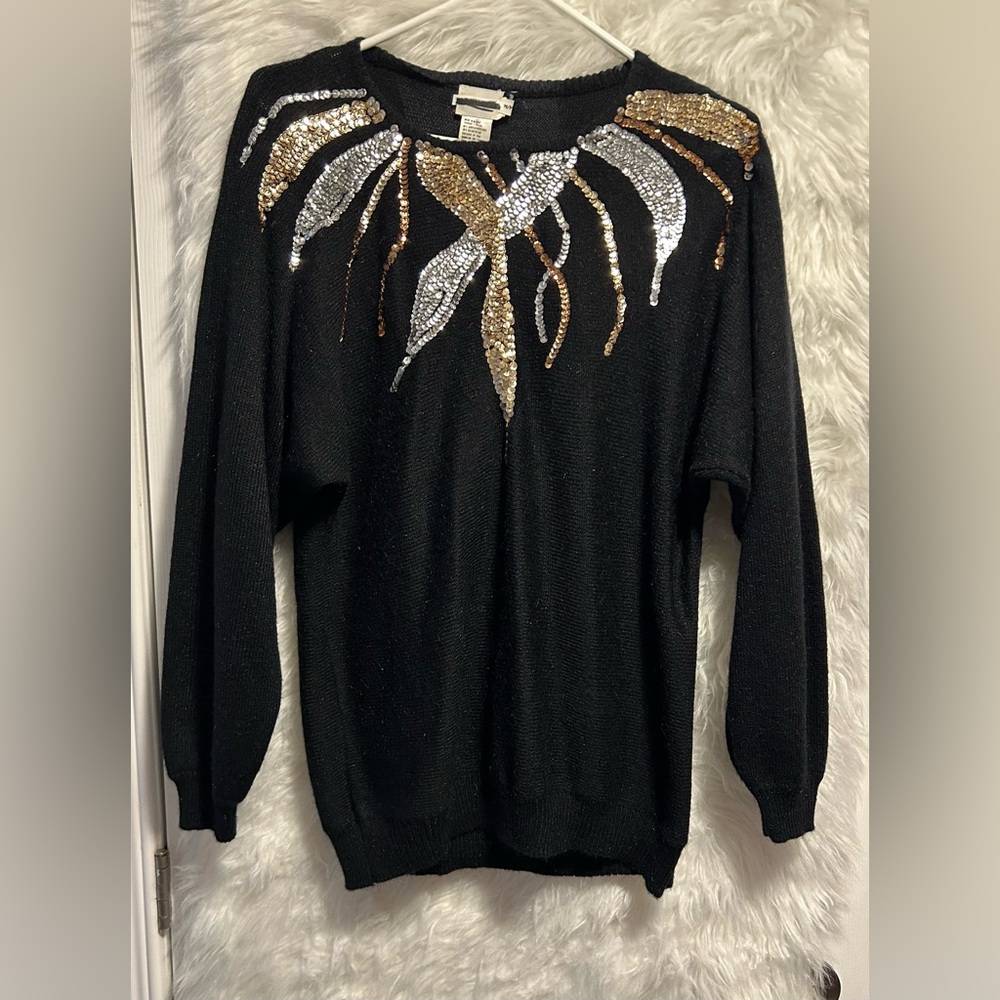 Vintage Black Sequined Sweater with Gold, Bronze and Silver Accents